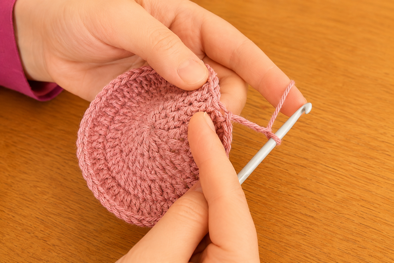 Crochet baby hat crown after Round 3 alternating increases showing 39 stitches
