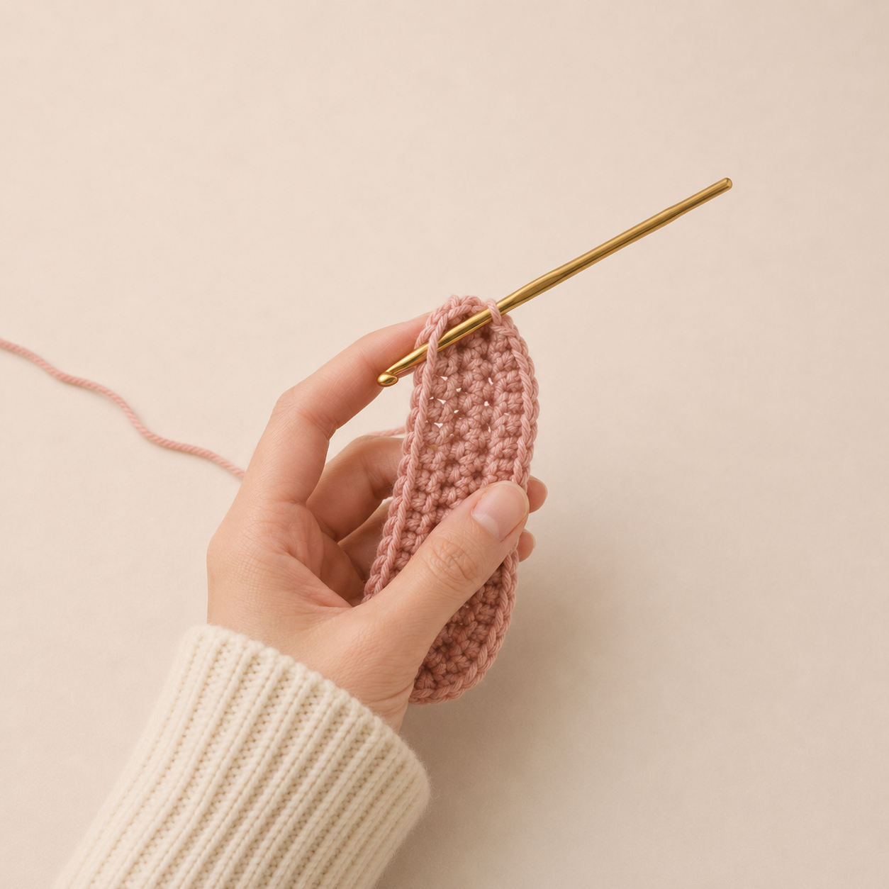 Holding the crochet baby shoe sole after Row 3 showing the fold line ridge